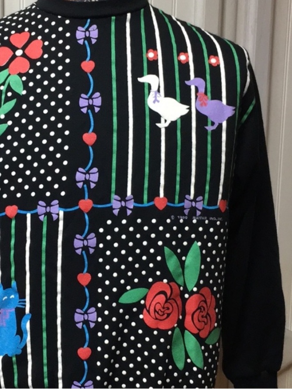 90s Jane Colby Pinstripes & PolkaDots Granny Sweatshirt M Grannycore